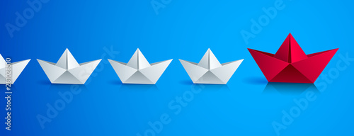 Swimming origami ship leading the team group of smaller ships, business leadership concept, vector modern style 3d realistic illustration.
