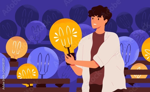Young happy man holding lightbulb. Smiling boy with light bulb. Concept of generation of innovative ideas, creative thought, creativity and imagination. Flat cartoon colorful vector illustration.