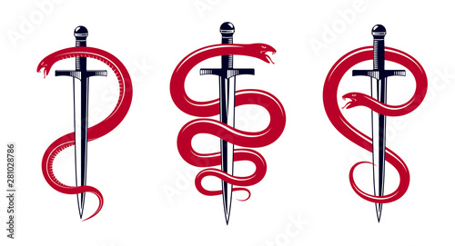 Snake and Dagger, Serpent wraps around a sword vector vintage tattoo, Roman god Mercury, luck and trickery, allegorical logo or emblem of ancient symbol.
