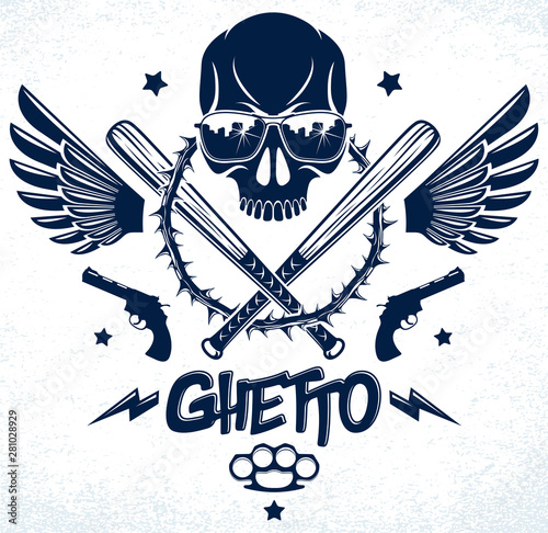 Gangster emblem logo or tattoo with aggressive skull baseball bats and other weapons and design elements, vector, criminal ghetto vintage style, gangster anarchy or mafia theme.