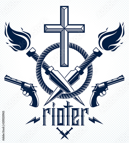 Gangster thug emblem or logo with Christian Cross, weapons and different design elements , vector tattoo, anarchy and chaos, dead rebel partisan and revolutionary.