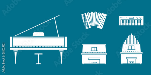 Music instruments Icons set - Vector solid silhouettes of piano, accordion, bayan and synthesizer for the site or interface