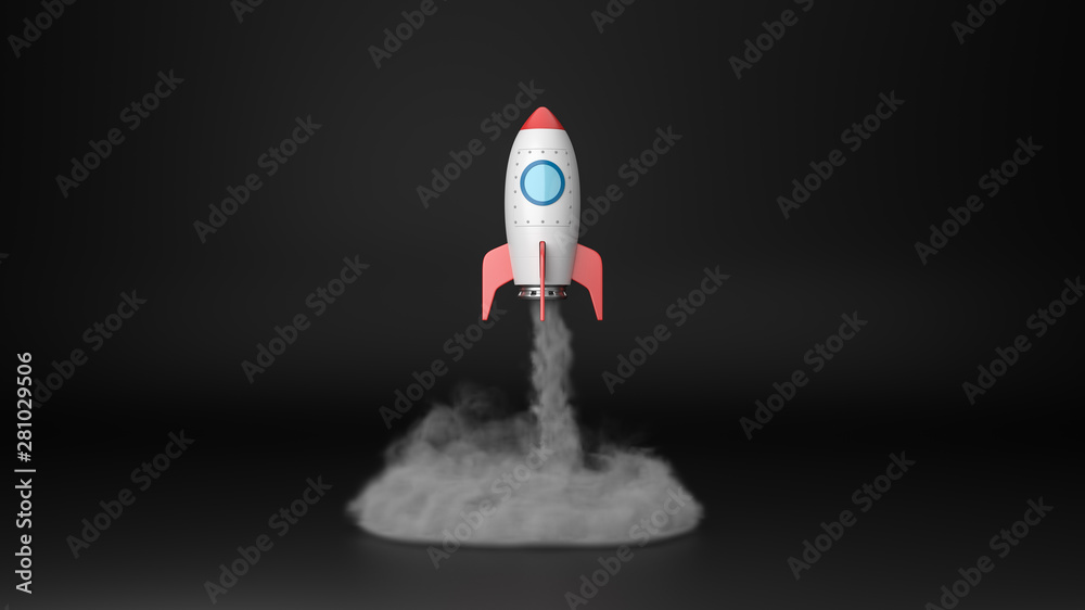 Cartoon Spaceship Taking Off on Black Background