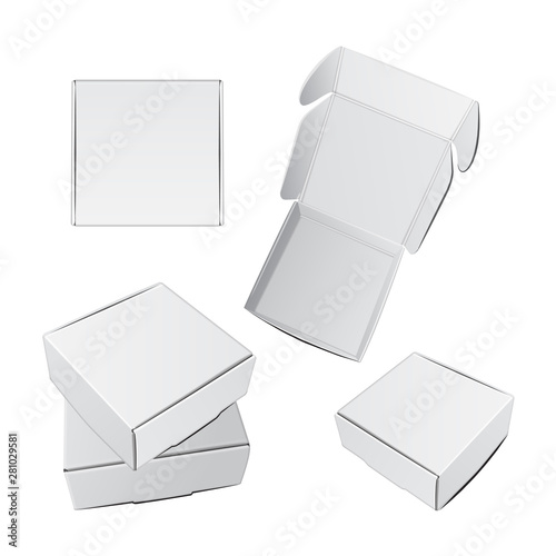 Set of white Square Boxes. Vector Realistic Cardboard package for software, electronic device or gift pack