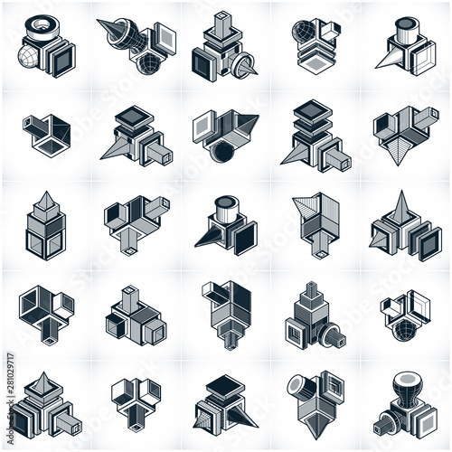 Abstract vectors, 3D simple geometric shapes set.