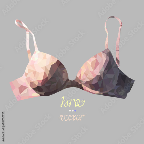 Vector illustration of beige bra in polygon with text on neutral gray background. Female underwear in low-poly style is good for t-shirt print, cards, brochures, posters, covers