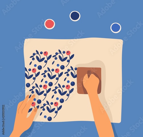 Hands printing pattern on fabric using woodblocks and paint. Leisure or pastime activity, craftwork, handicraft, hobby, workshop, DIY tutorial, craftsmanship. Flat cartoon vector illustration.