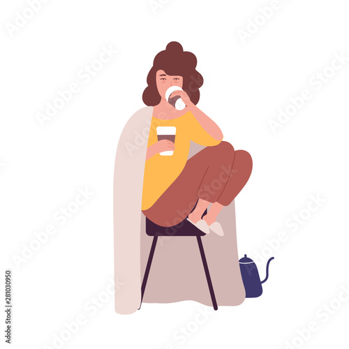 Sad sleepy young woman drinking coffee