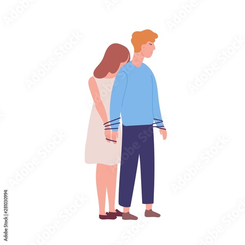 Young unhappy woman tied to man. Concept of codependency, codependent relationship. Mental illness, behavioral problem, psychiatric condition, obsession. Flat cartoon colorful vector illustration.
