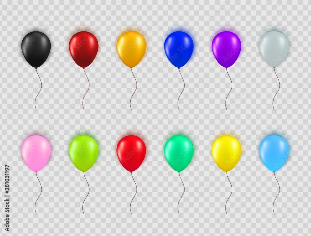 Set of realistic different colors balloons isolated on transparent background. Collection of element for Birthday party, grand opening or Black Friday Sale greeting card concept. Vector illustration