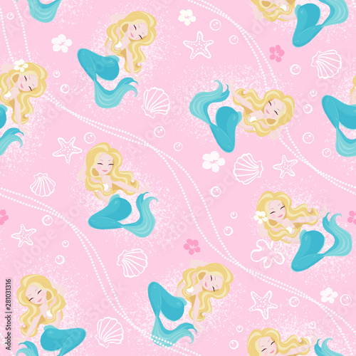 Pink pastel mermaid pattern for kids fashion artwork, children books, prints and fabrics or wallpapers. Fashion illustration drawing in modern style for clothes. Blonde mermaid.