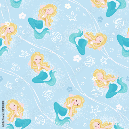 Blue pastel mermaid pattern for kids fashion artwork  children books  prints and fabrics or wallpapers. Fashion illustration drawing in modern style for clothes. Blonde mermaid.
