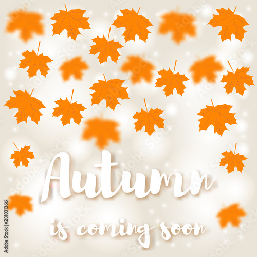 Yellow autumn maple leaves are flying. Inscription Autumn is coming
