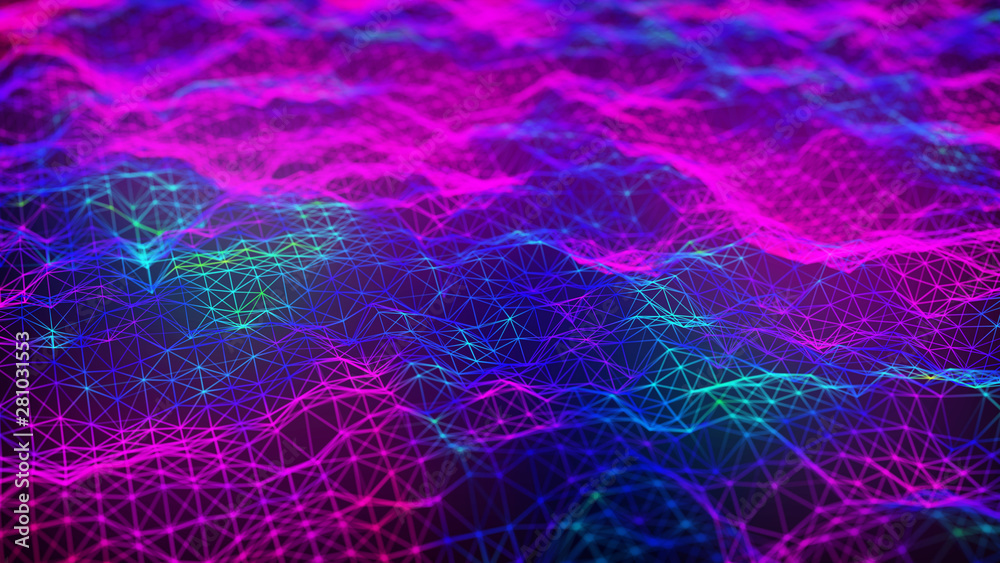 Cybernetic futuristic background. Big data visualization. Technological 3D landscape. Abstract grid illustration. 3D rendering. Artificial intelligence.