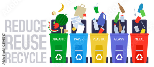 Garbage sorting and recycle background with color trash bins. Reduce reuse recycle slogan.