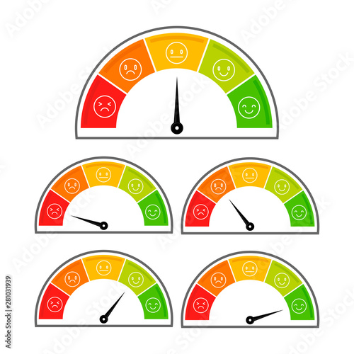 Five speedometers with icons of different emotions on a white background.