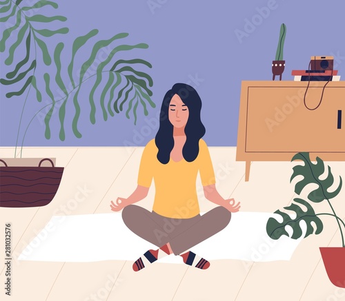 Young woman with closed eyes sitting cross legged on floor and meditating. Meditation, relaxation at home, spiritual practice, yoga and breathing exercise. Flat cartoon colorful vector illustration.