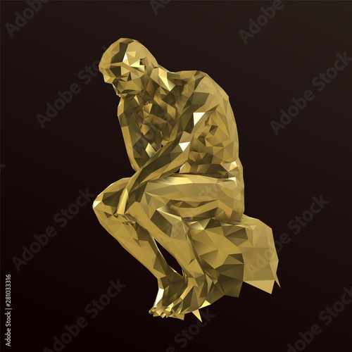 Gold Thinker Man on Purple Background. Shiny Metallic Golden Low Poly Vector 3D Rendering