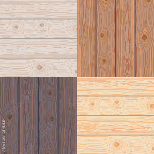 Set of Wooden striped textured background. Brown wooden wall, plank, table or floor surface. Cutting chopping board. Colorful natural boardwalk surface. Vector Illustration.