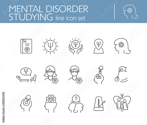 Mental disorder studying line icon set. Psychologist, hypnosis, metronome. Psychology concept. Can be used for topics like behavioral therapy, mental science, research