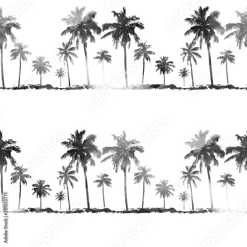 Tropical background - monochrome black & white seamless watercolor pattern with realistic silhouettes coconut palms. Hawaiian style for men's shirts
