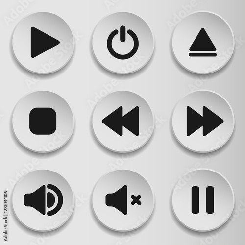 Collection of multimedia symbols and audio, music speaker volume icons. Flat style icon on gray background. Vector illustration