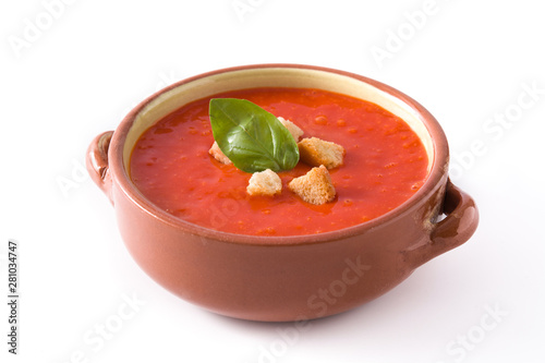 Obraz na plátně Tomato soup in brown bowl isolated on white background