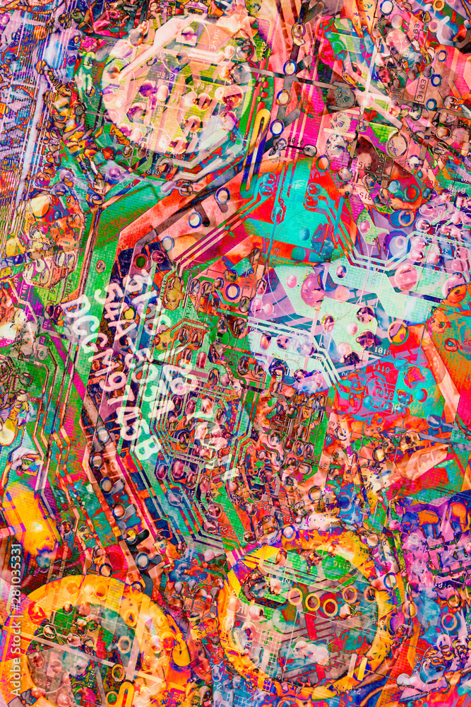 Fototapeta premium Computer Electronic Microcircuit Motherboard Detail Multicolored Background