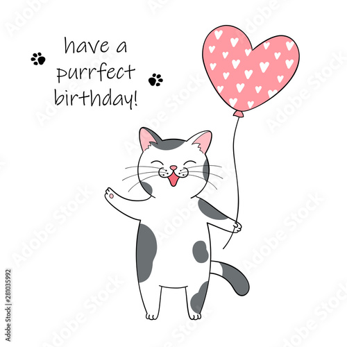 Cute cartoon cat holding a balloon. Hand drawn illustration for birthday greeting card