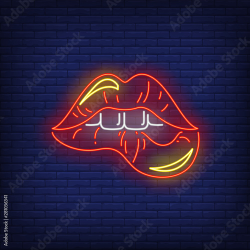Biting red lips neon sign. Female mouth, teeth, lipstick. Gestures concept. Vector illustration in neon style, glowing element for banners, posters, flyers