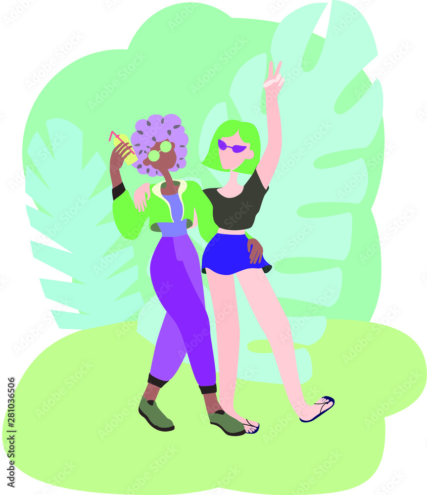 Two girls girlfriends walk hugs relax and rejoice Two girls girlfriends walk hugs relax and rejoice