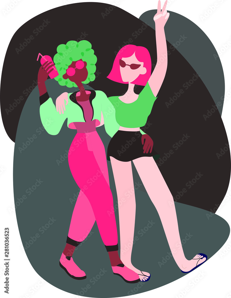 Two girls girlfriends walk hugs relax and rejoice Two girls girlfriends walk hugs relax and rejoice