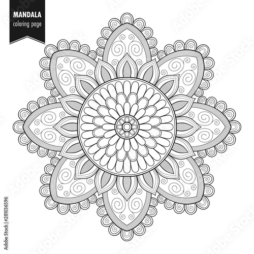 Decorative monochrome ethnic mandala pattern. Anti-stress coloring book page for adults. Hand drawn illustration