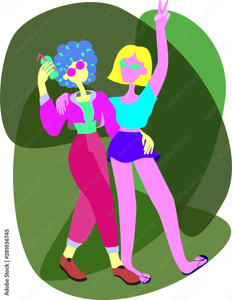 Two girls girlfriends walk hugs relax and rejoice Two girls girlfriends walk hugs relax and rejoice