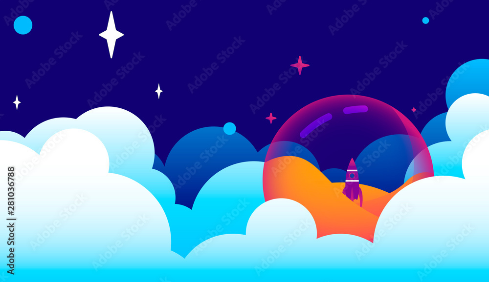 Liquid planet among the clouds on which the rocket lands Liquid planet among the clouds on which the rocket lands