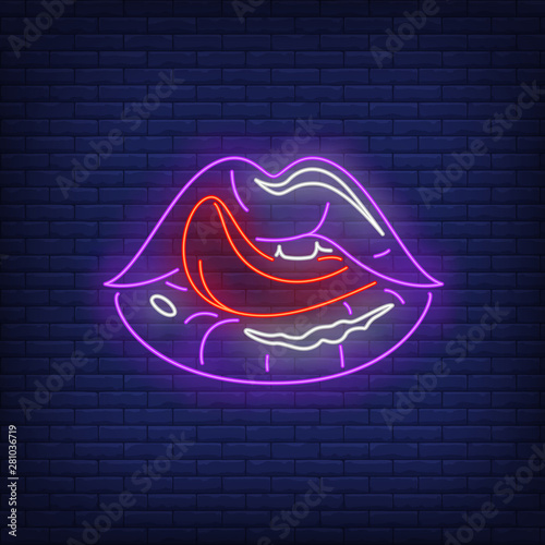 Licking lips neon sign. Female mouth, tongue out, teeth. Gestures concept. Vector illustration in neon style, glowing element for banners, posters, flyers