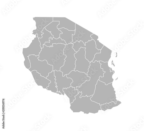 Vector isolated illustration of simplified administrative map of Tanzania. Borders of the regions. Grey silhouettes. White outline