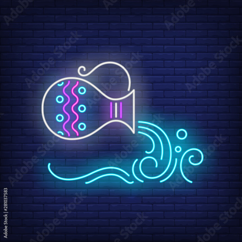 Aquarius neon sign. Water bearer, jug, pouring. Astrological sign concept. Vector illustration in neon style, glowing element for topics like zodiac, astrology, horoscope