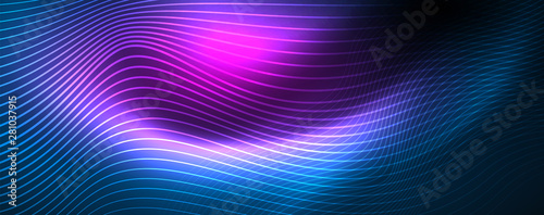 Smooth wave lines on blue neon color light background. Glowing abstract wave on dark  shiny motion  magic space light