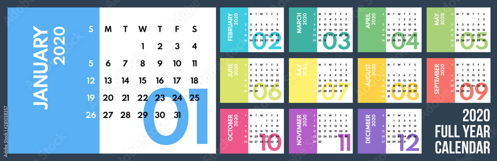Fototapeta 2020 full year monthly colorful calendar, starts sunday