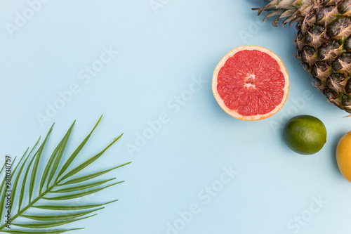 Tropical fruit with plant leaves pineapple grapefruit minimal food summer plant leaves bright blue color background