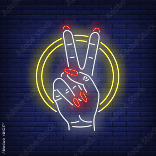 Peace gesture neon sign. Two fingers, female hand, victory, ring. Gestures concept. Vector illustration in neon style, glowing element for banners, posters, flyers