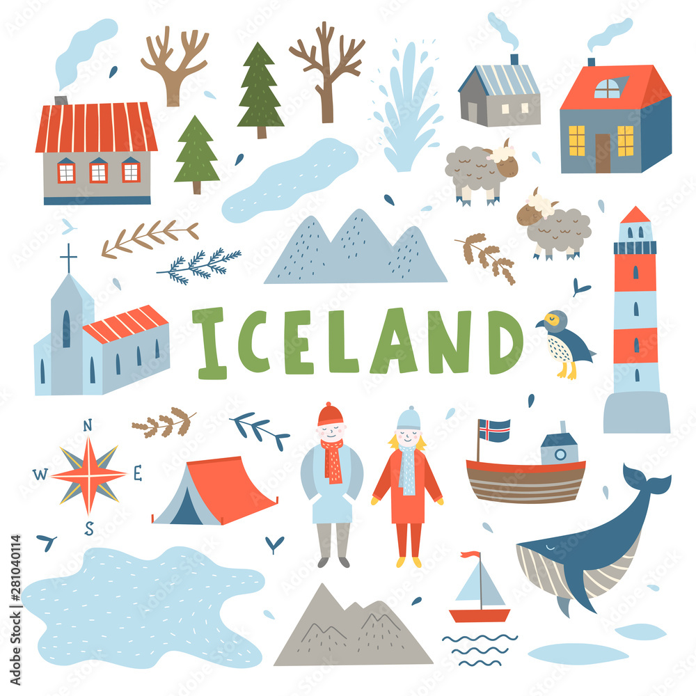 Iceland vector travel set. Tourism illustrations with nature elements, animals, architecture and people. Cute adventure collection