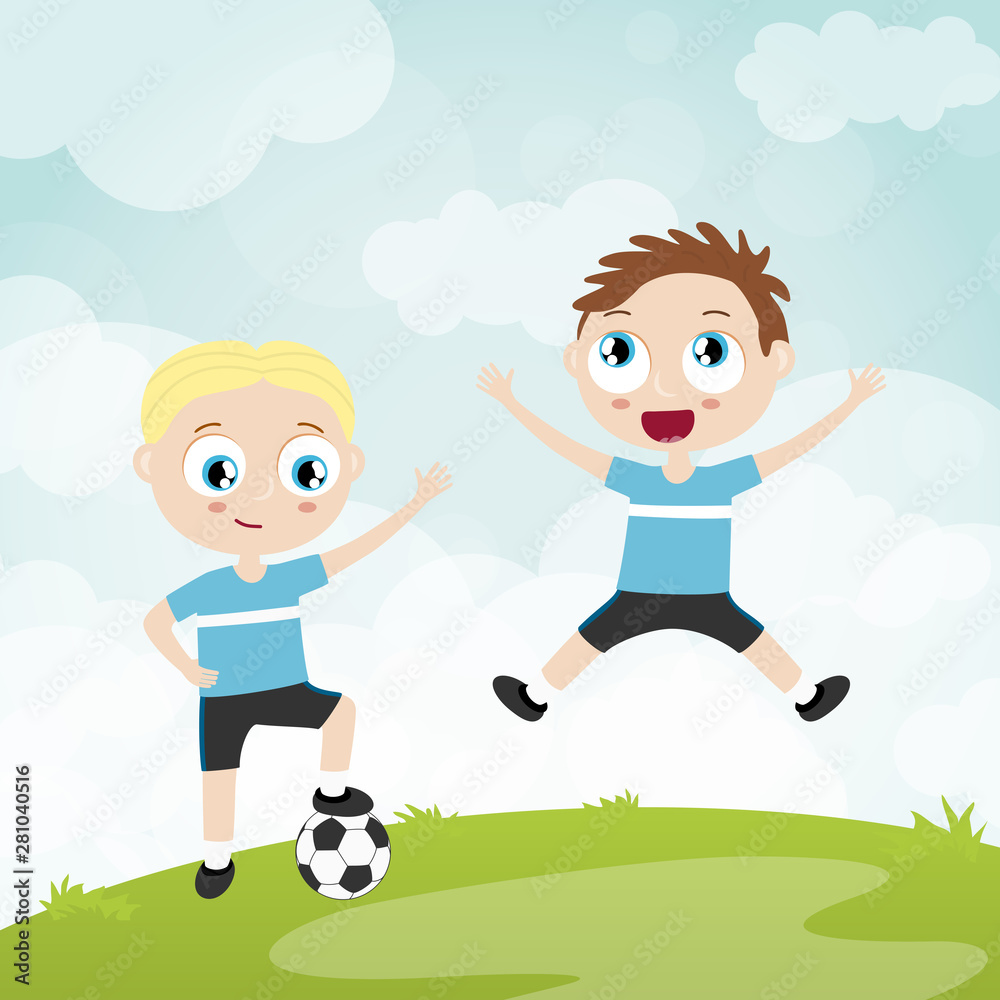 happy ball playing kids - two football players