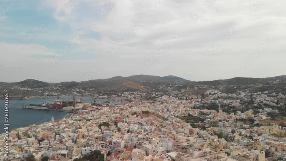 Aerial flight over the town of Syros in Greece Aerial flight over the town of Syros in Greece