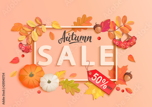 Autumn sale banner with frame and fall elements,colorful autumn leaves, rowan berries, acorns, pumpkin for seasonal shopping promotion,web. Template for discount cards, advertise. Vector illustration.
