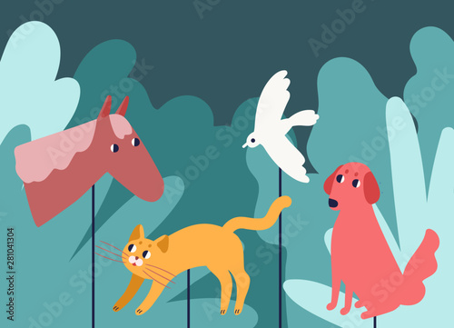 Rod puppets resembling animals in forest