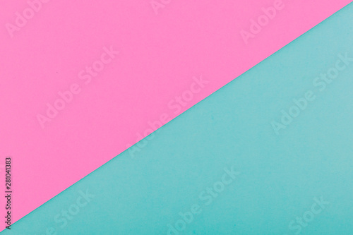 Bright pink and turquoise blue paper background with geometric lines.Two tone of colorful paper texture.Copy space.
