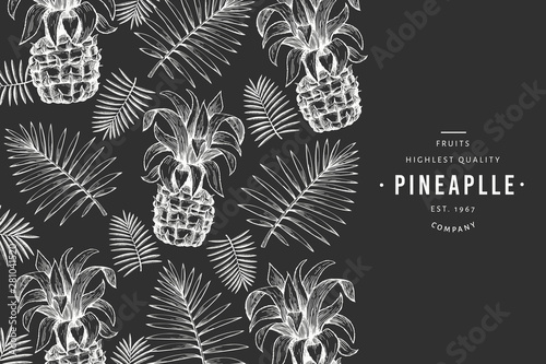 Pineapples and tropical leaves design template. Hand drawn vector tropical fruit illustration on chalk board. Engraved style ananas fruit banner. Retro botanical frame.