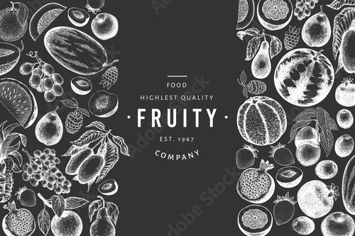 Fruits and berries design template. Hand drawn vector tropic fruits illustrations on chalk board. Engraved style fruit. Retro exotic food banner.